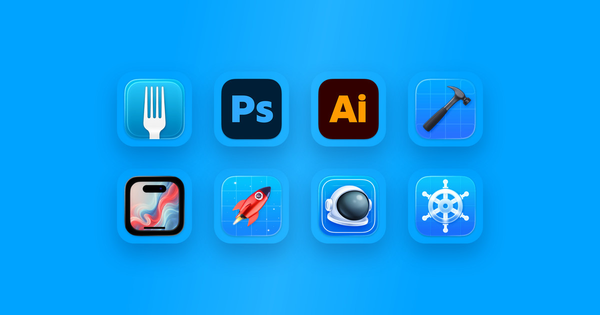 App icons for Fork, Photoshop, Illustrator, Xcode, Framous, RocketSim, Proxyman, and Helm on a blue background.
