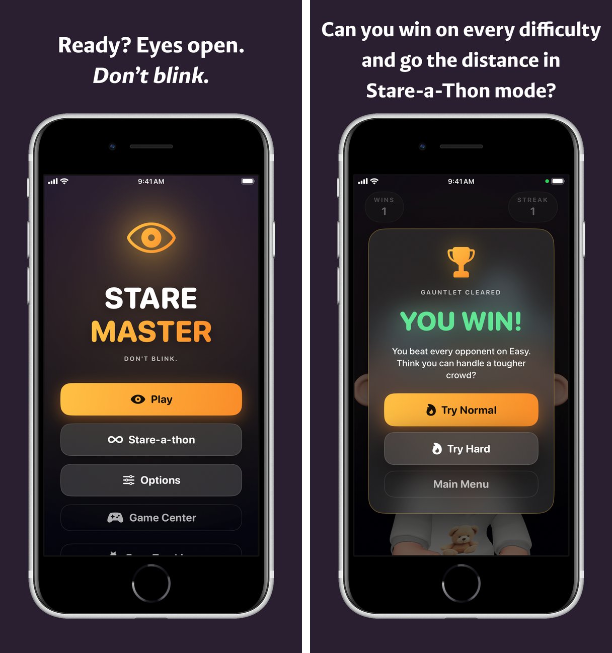 Main menu with Play, Stare-a-Thon, Options, and Game Center; the Gauntlet Cleared screen offering Try Normal and Try Hard.