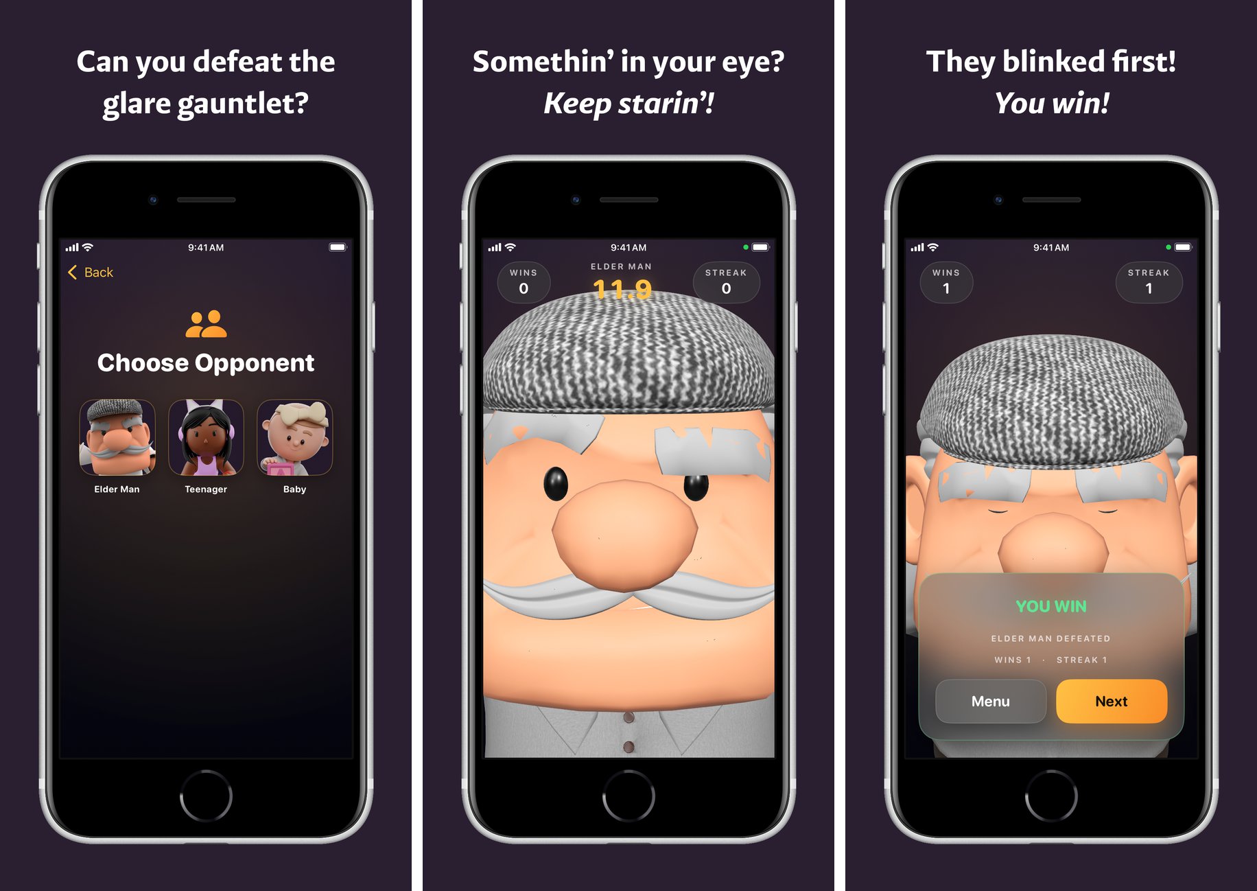 Choose Opponent screen with Elder Man, Teenager, and Baby; the Elder Man mid-stare at 11.9 seconds; the You Win panel after he blinked first.