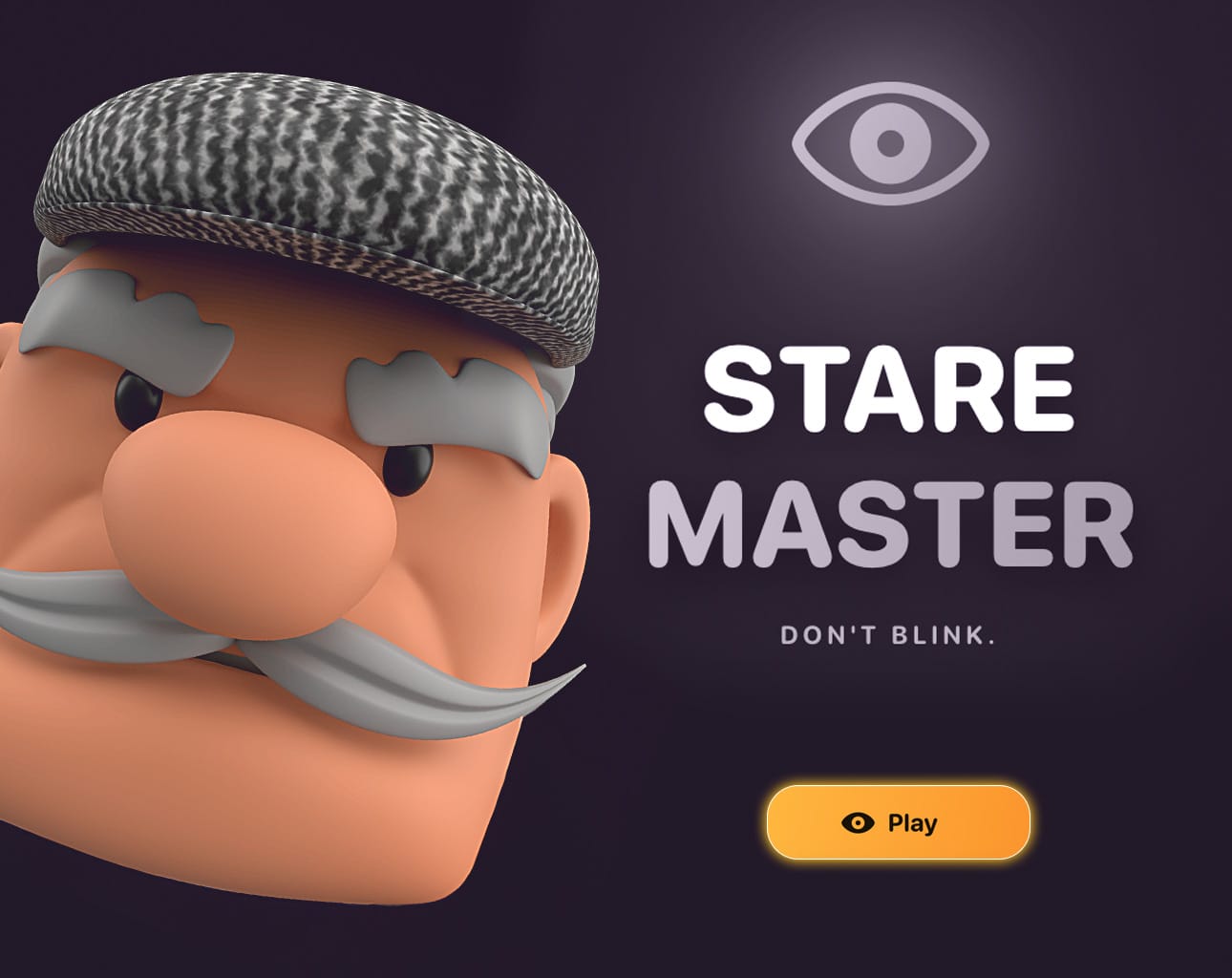 Stare Master. Don’t blink. The Elder Man, in his flat cap and grey moustache, stares out next to a Play button.